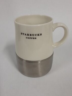 Vtg Starbucks White Ceramic Non-Skid Mug With Stainless Steel Base, 14 Oz.